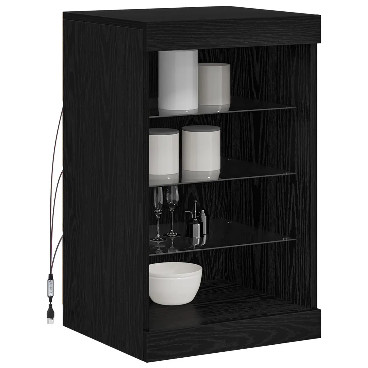 LED Sideboard Black Oak 41 x 37 x 67 cm Modern Storage Cabinet with Glass Shelves and RGB Lighting