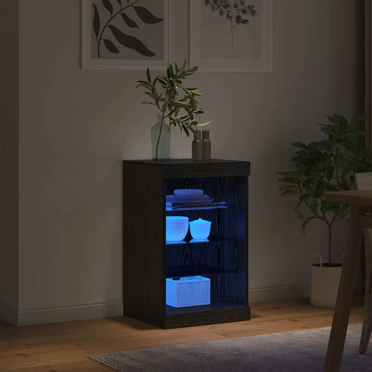 LED Sideboard Black Oak 41 x 37 x 67 cm Modern Storage Cabinet with Glass Shelves and RGB Lighting