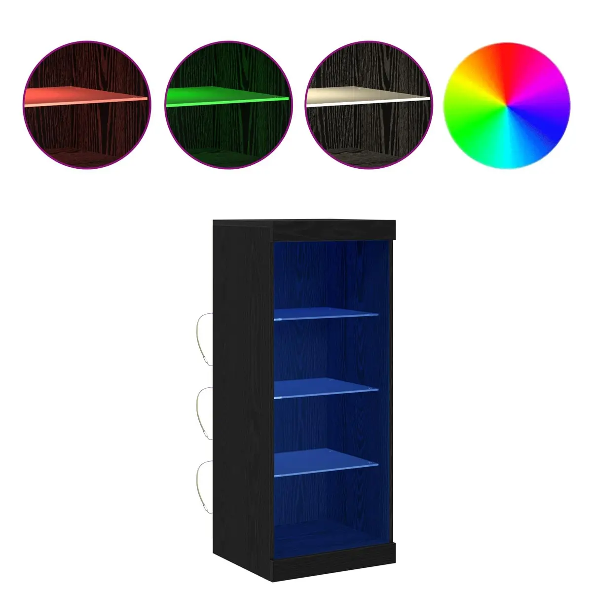 LED Sideboard Black Oak Modern Storage Cabinet Adjustable RGB Lighting Glass Shelves