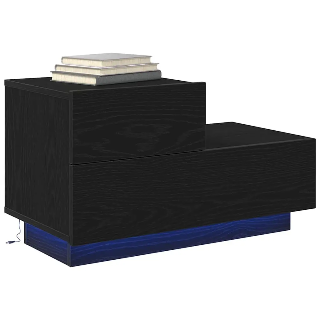 Bedside Table Black Oak 70cm LED Lights USB Charging Port Storage Drawer Compartment