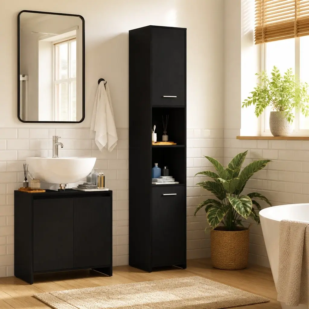 Bathroom Cabinet Black Oak Engineered Wood Tall Organizer Storage Cupboard