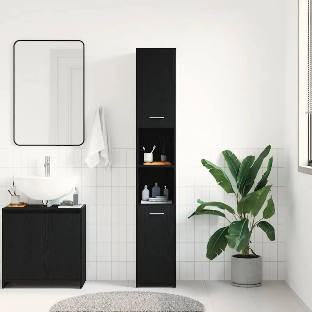 Bathroom Cabinet Black Oak Engineered Wood Tall Organizer Storage Cupboard
