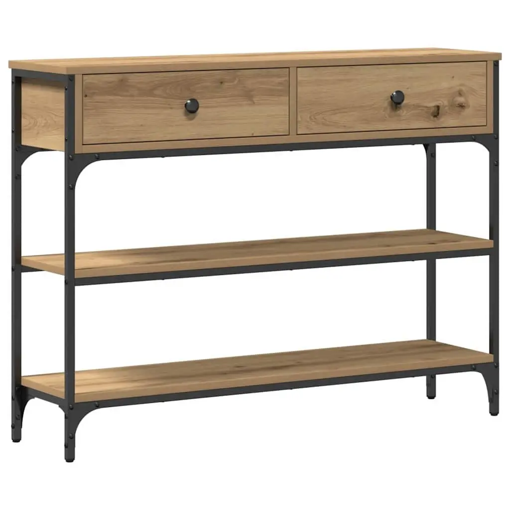 Console Table Brown Engineered Wood Steel Frame Open Shelving Drawer Storage