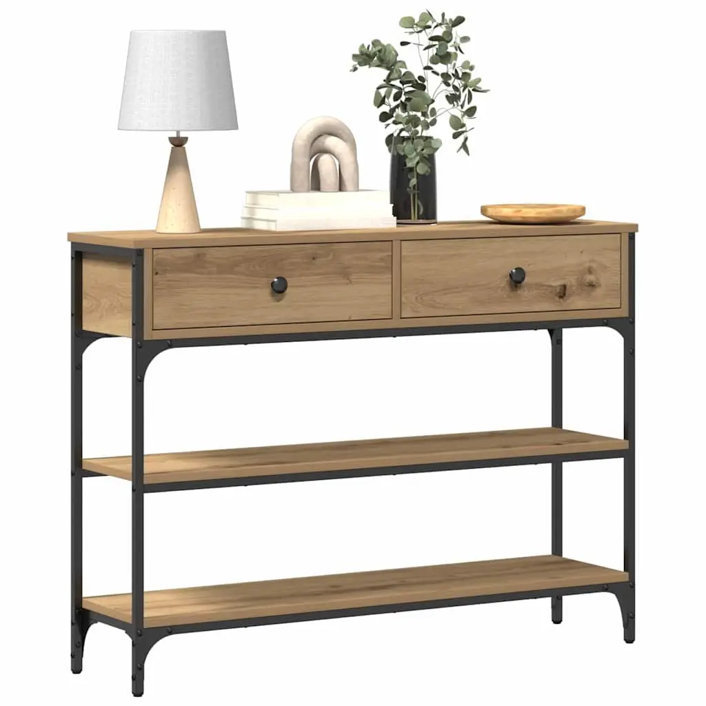 Console Table Brown Engineered Wood Steel Frame Open Shelving Drawer Storage