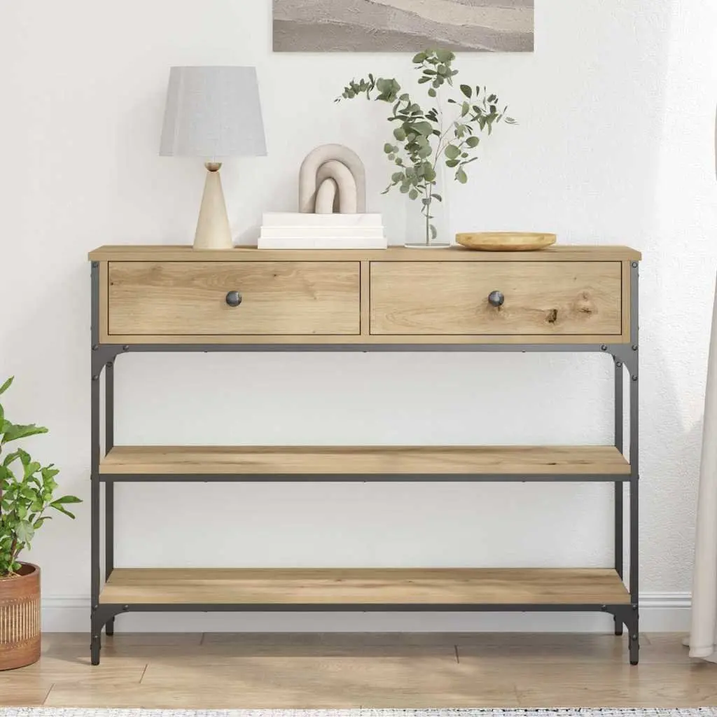 Console Table Brown Engineered Wood Steel Frame Open Shelving Drawer Storage