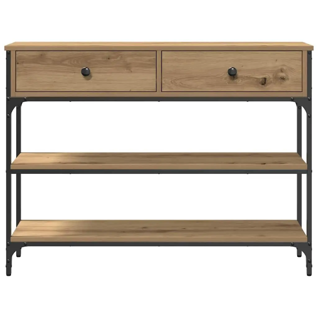 Console Table Brown Engineered Wood Steel Frame Open Shelving Drawer Storage