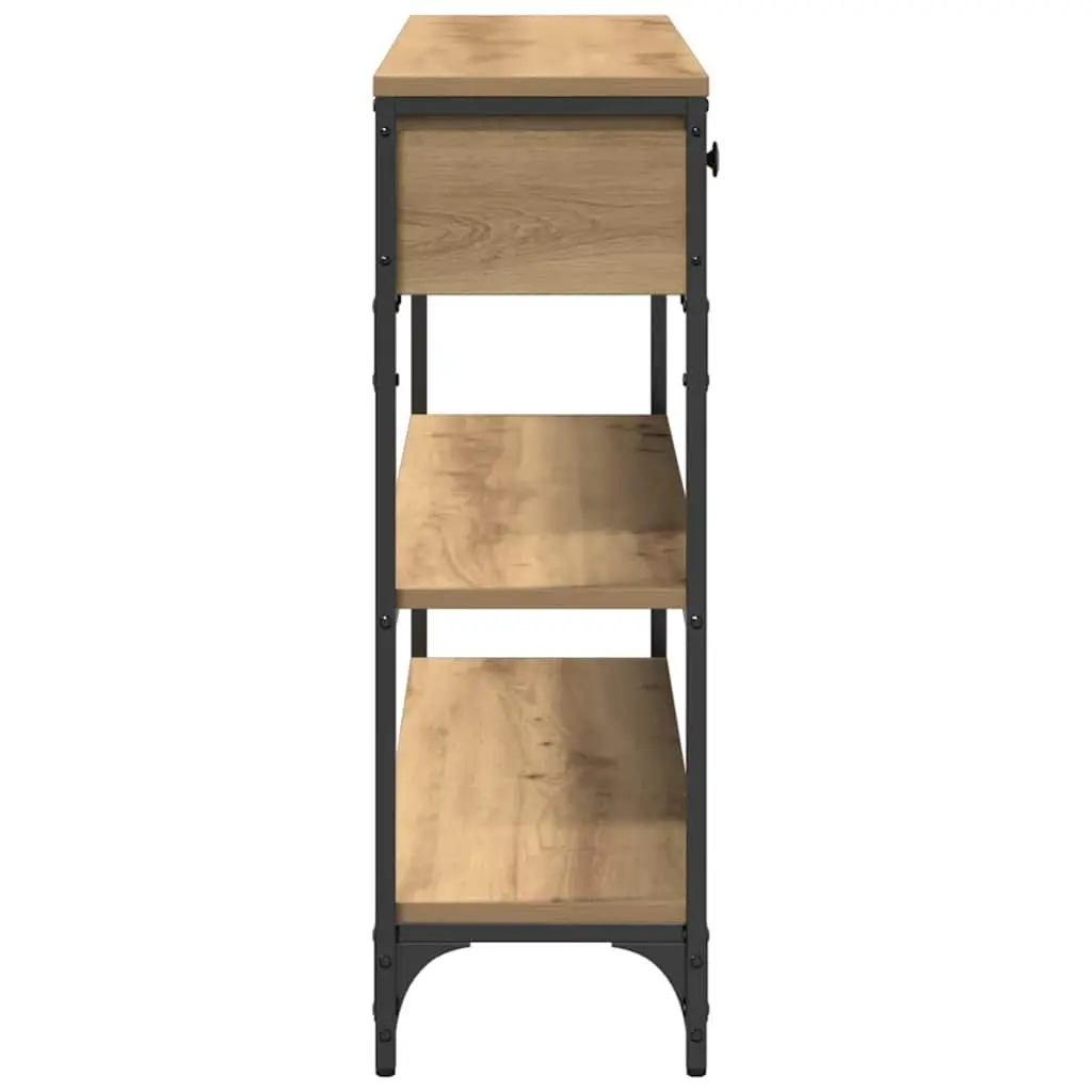 Console Table Brown Engineered Wood Steel Frame Open Shelving Drawer Storage