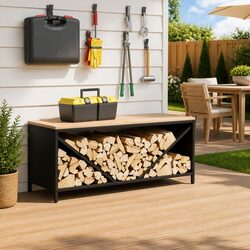 Compact Firewood Rack with Wooden Top: Black Steel Design 100.5x35.5x40cm