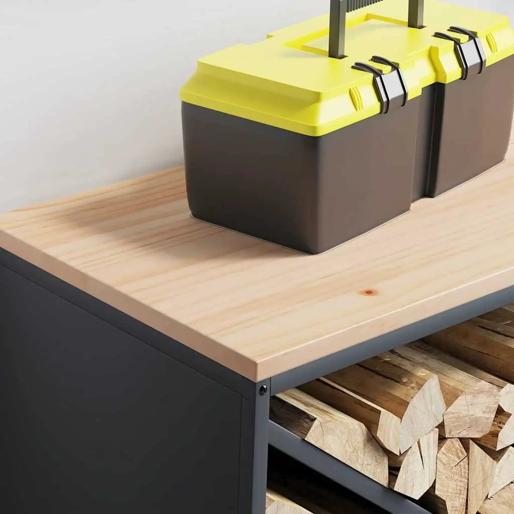 Log Rack Firewood Storage Holder with Wooden Top Anthracite Steel