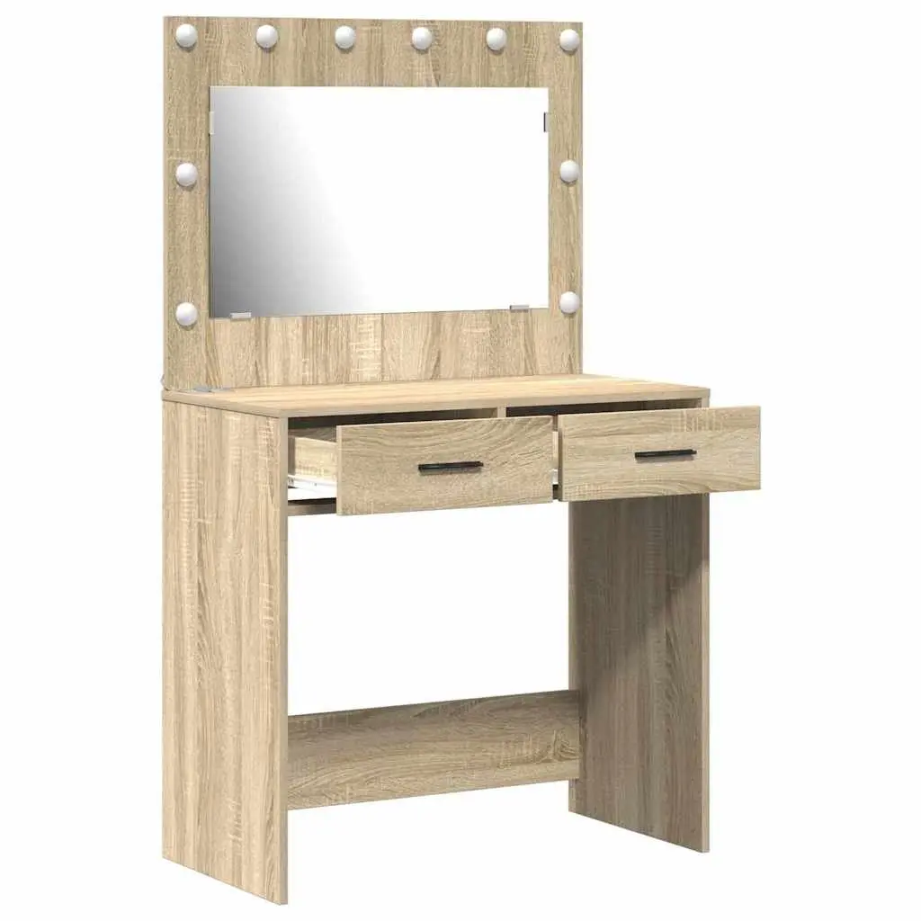 Brown Dressing Table with LED Mirror and Storage Drawers Engineered Wood Bedroom Vanity