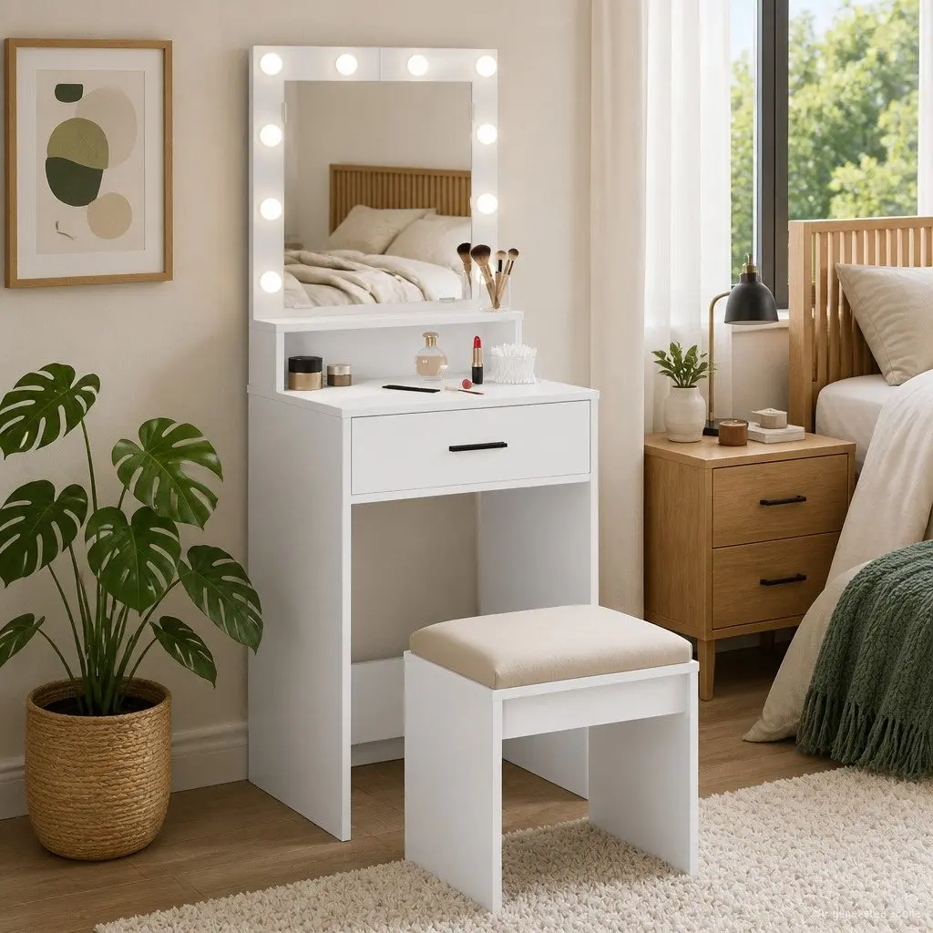 Dressing Table White 50 x 41 x 135 cm LED Mirror Lights Storage Drawers