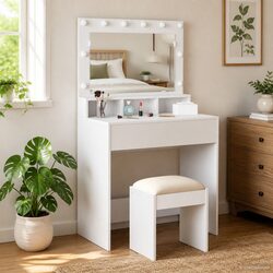 Efficient White Vanity Table with LED Mirror 78.5 x 41 x 135 cm