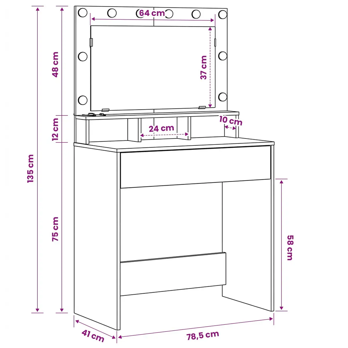 Dressing Table White 78.5 x 41 x 135 cm Integrated Mirror LED Lights Storage
