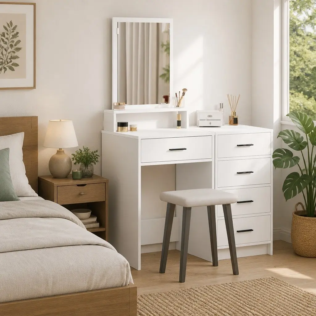 Dressing Table White Engineered Wood Large Mirror Multiple Drawers Matte Finish