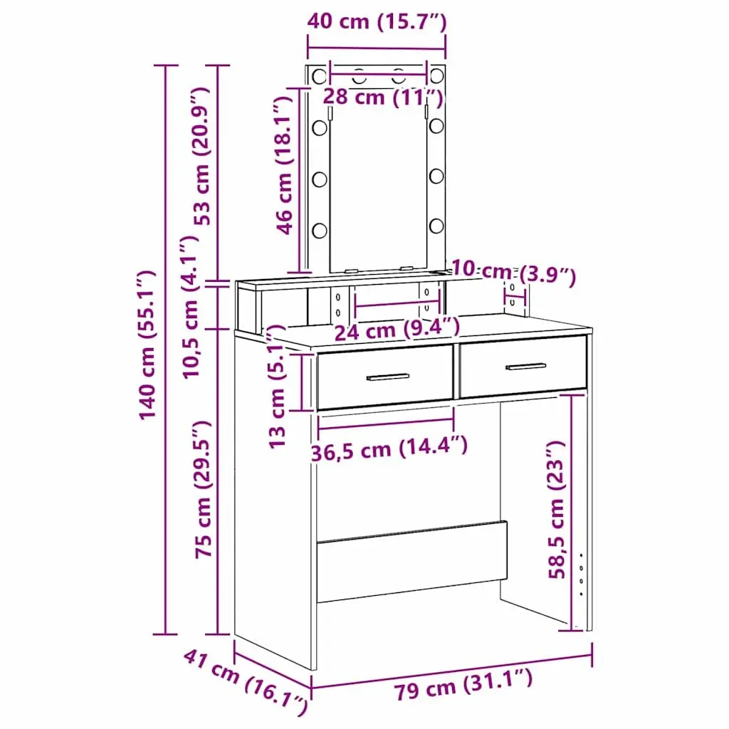 Dressing Table White Engineered Wood Integrated Mirror LED Lights Drawers Storage