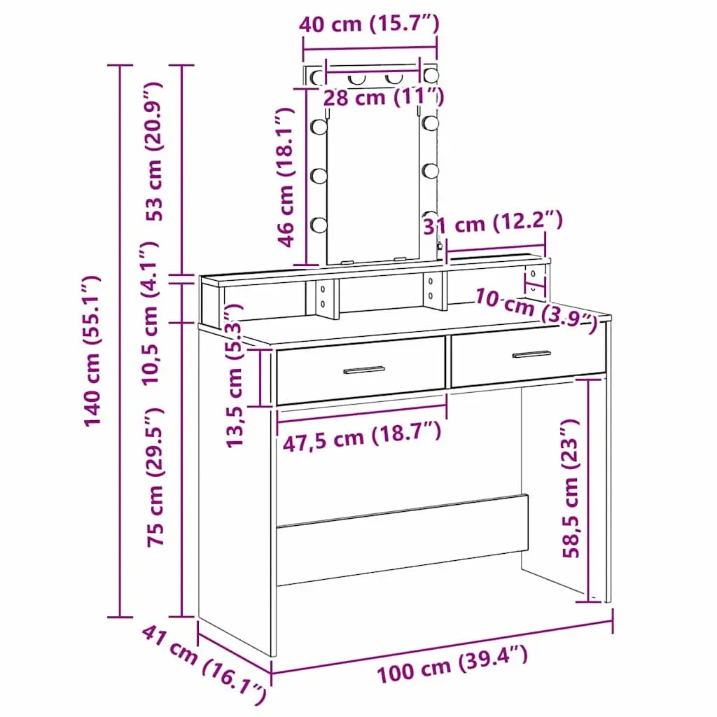 Dressing Table White 100 x 41 x 140 cm LED Mirror Lights Drawers USB Charging Port
