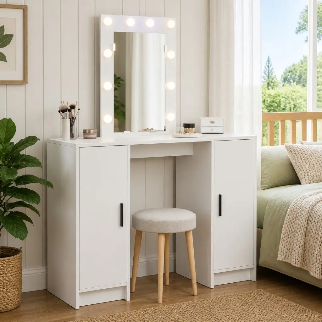 Dressing Table White 102cm Engineered Wood USB Powered LED Lights Storage Drawers