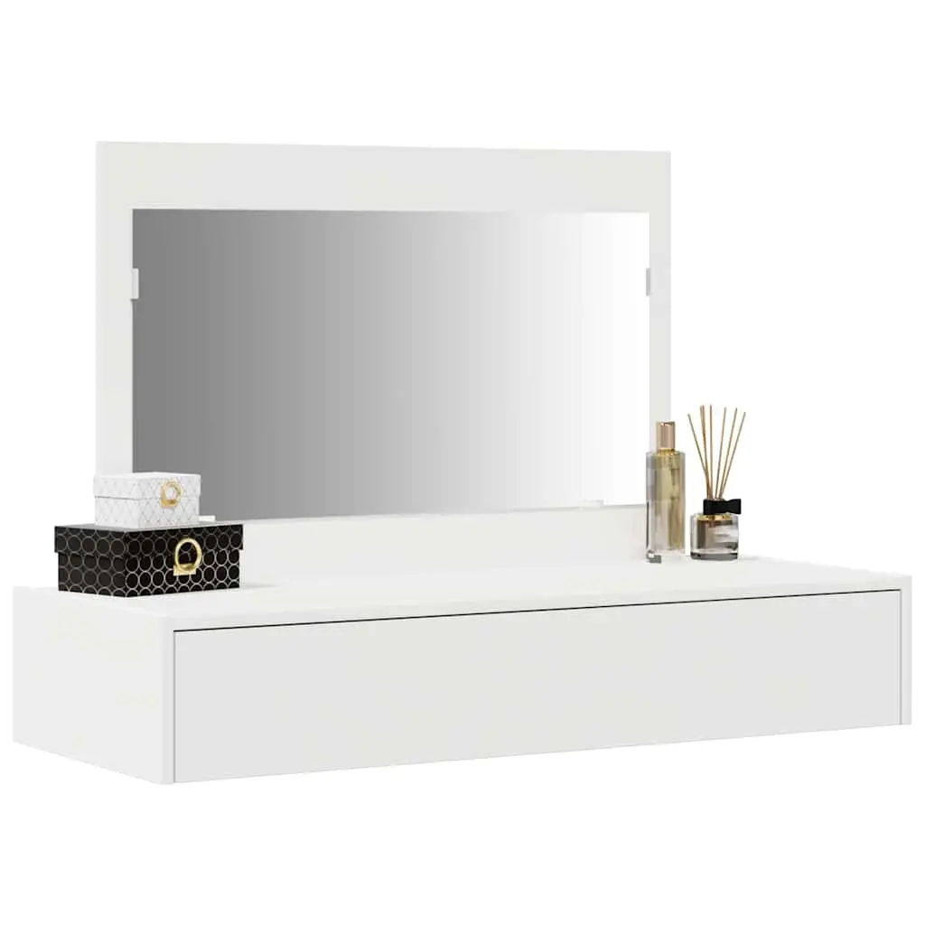 Dressing Table White Modern Engineered Wood Multiple Drawers Integrated Mirror
