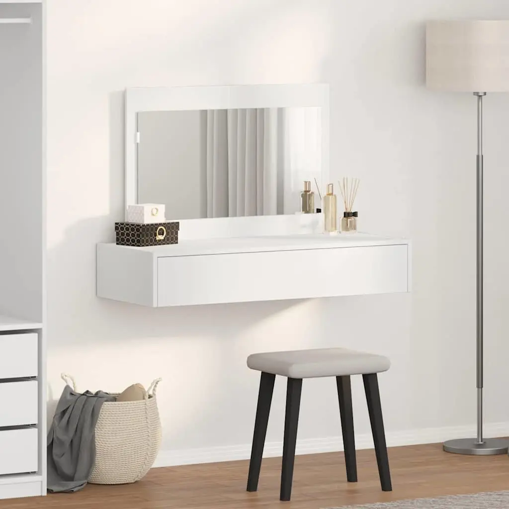 Dressing Table White Modern Engineered Wood Multiple Drawers Integrated Mirror