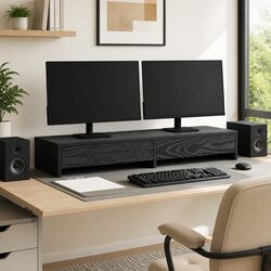 Compact Black Oak Monitor Stand with Convenient Storage