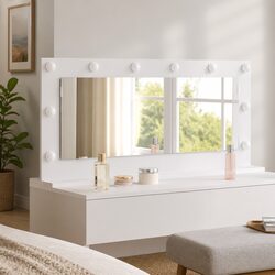 LED Vanity Mirror White Bedroom Dressing Table Makeup Mirror Glass Wood 100x45cm