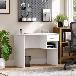 Compact White Writing Desk with Drawer Storage