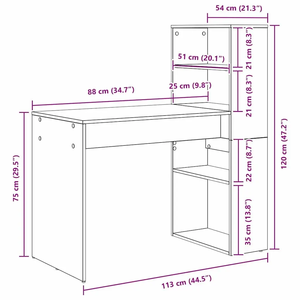 Study Desk White 113x54x120cm Modern with Integrated Shelves