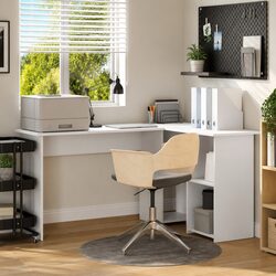 Compact White Corner Desk with Functional Shelves