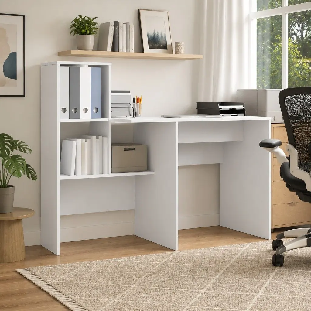 White Engineered Wood Desk with Storage Shelves 131.5x50x106.5cm Office Study