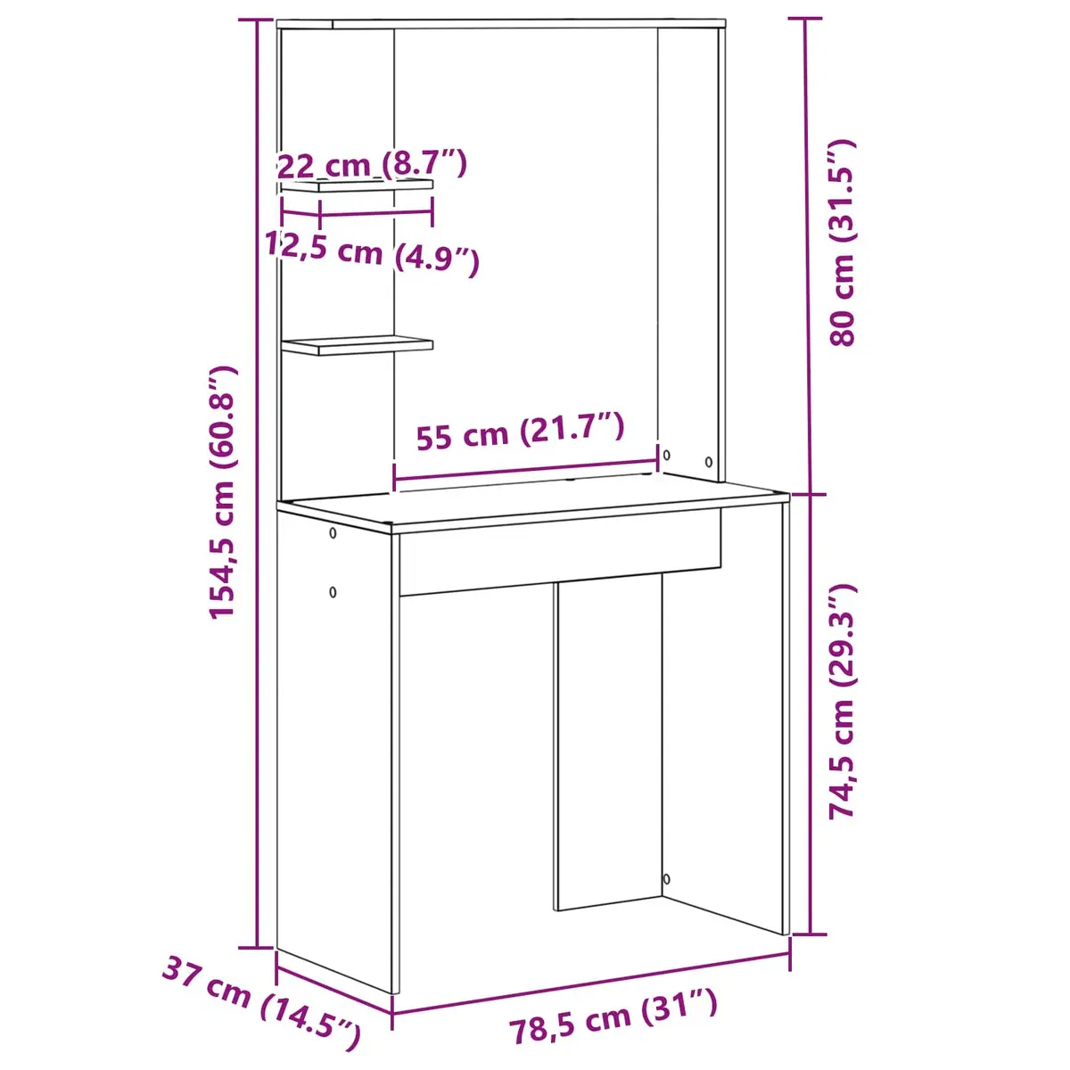Writing Desk White 78.5 x 37 Modern with Shelves Storage for Office Study Workstation