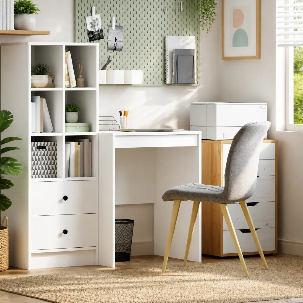 White Writing Desk Compact Office Home Study Workspace Engineered Wood