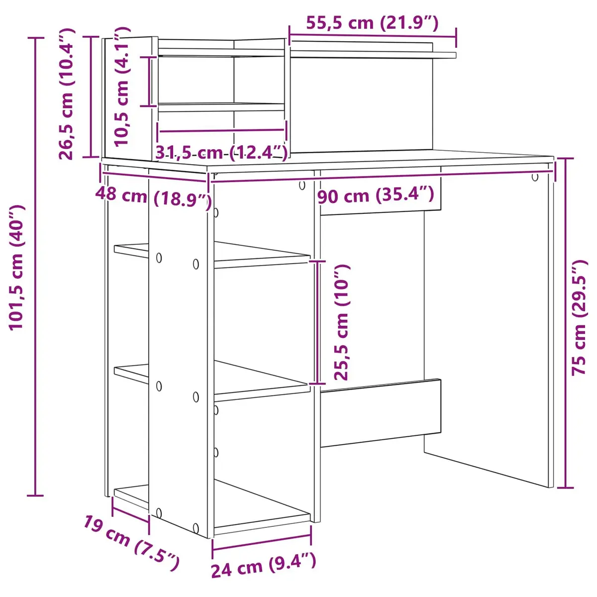 White Desk 90 x 48 x 101.5 cm with Integrated Shelf for Office Writing and Storage