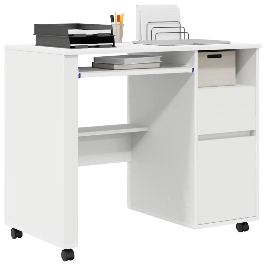 White Computer Desk 91 x 50 x 77 cm Mobile Office Workstation with Wheels Shelves and Drawers