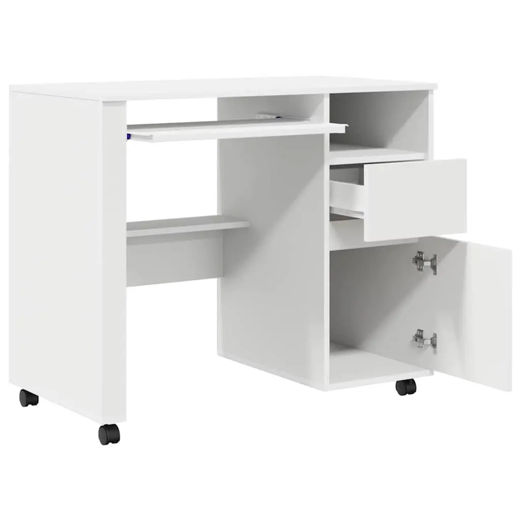White Computer Desk 91 x 50 x 77 cm Mobile Office Workstation with Wheels Shelves and Drawers