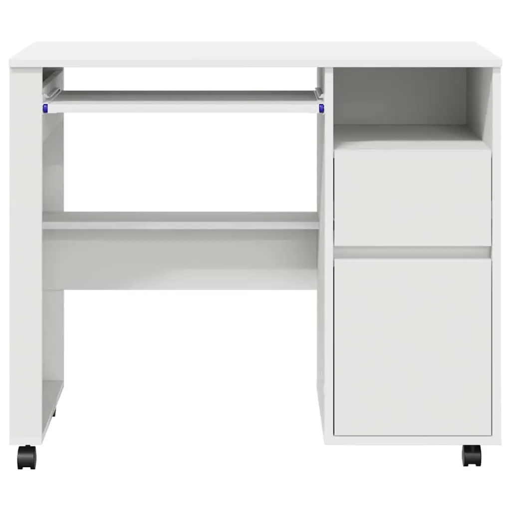 White Computer Desk 91 x 50 x 77 cm Mobile Office Workstation with Wheels Shelves and Drawers