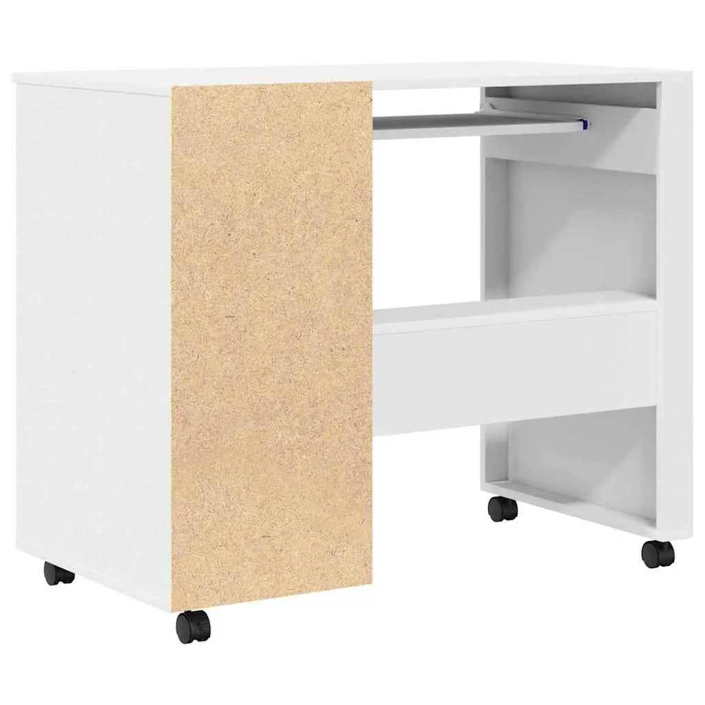 White Computer Desk 91 x 50 x 77 cm Mobile Office Workstation with Wheels Shelves and Drawers