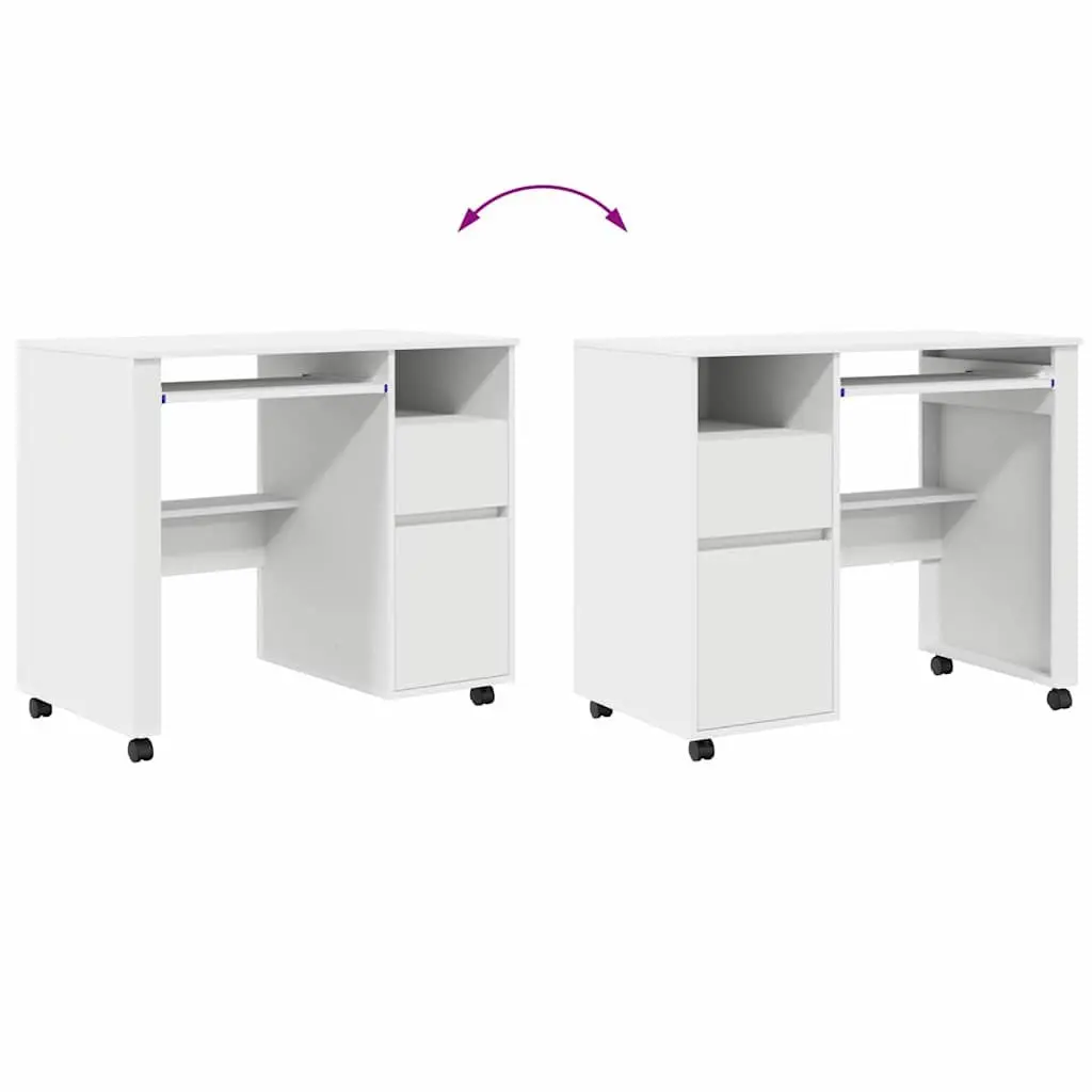 White Computer Desk 91 x 50 x 77 cm Mobile Office Workstation with Wheels Shelves and Drawers
