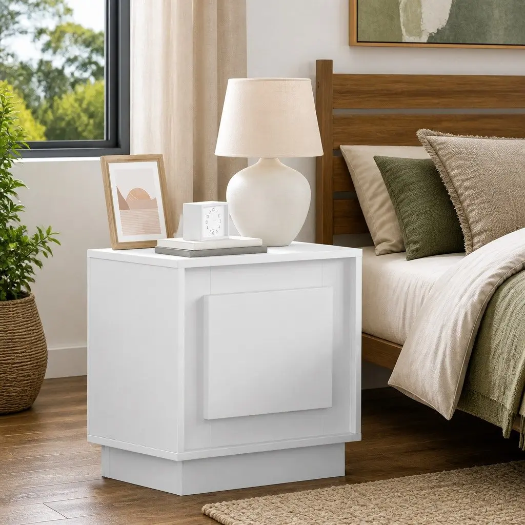 Bedside Cabinet White Engineered Wood 2 Piece LED USB Storage