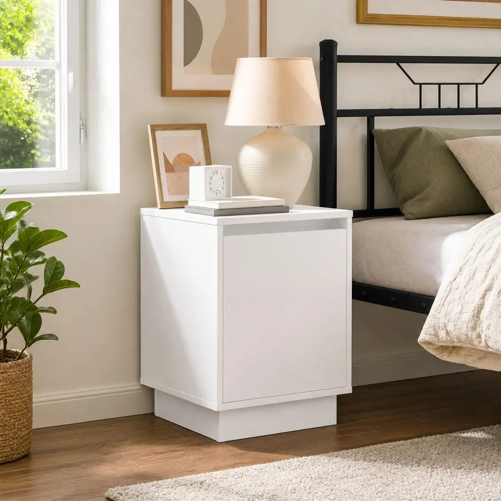 Bedside Cabinet White 2 Piece Engineered Wood Hinge Door USB LED Lighting