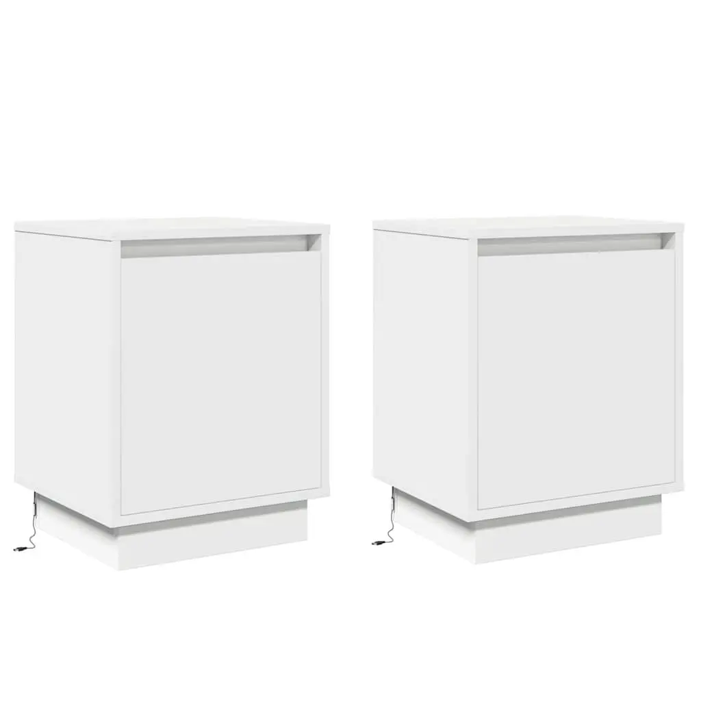 Bedside Cabinet White 2 Piece Engineered Wood Hinge Door USB LED Lighting