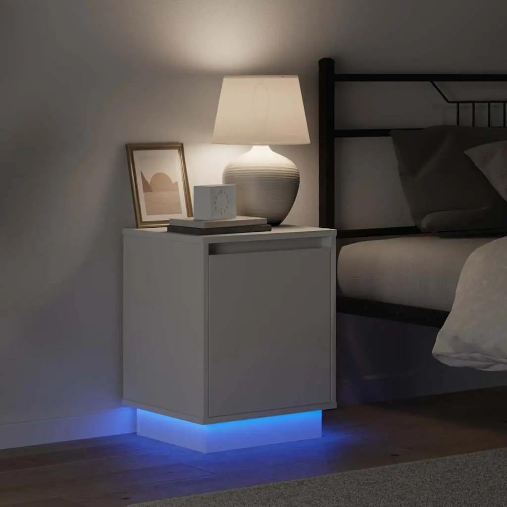Bedside Cabinet White 2 Piece Engineered Wood Hinge Door USB LED Lighting