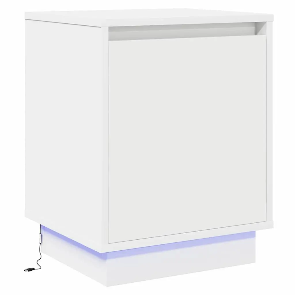 Bedside Cabinet White 2 Piece Engineered Wood Hinge Door USB LED Lighting