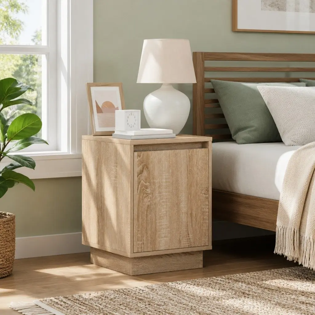 Bedside Cabinet Brown 2 Piece Modern Bedroom Storage Hinge Door USB LED Light