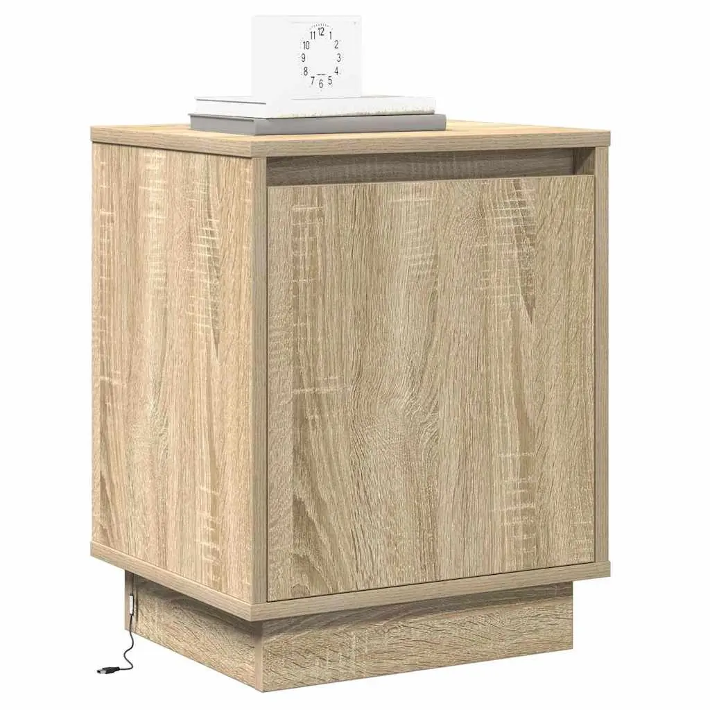 Bedside Cabinet Brown 2 Piece Modern Bedroom Storage Hinge Door USB LED Light