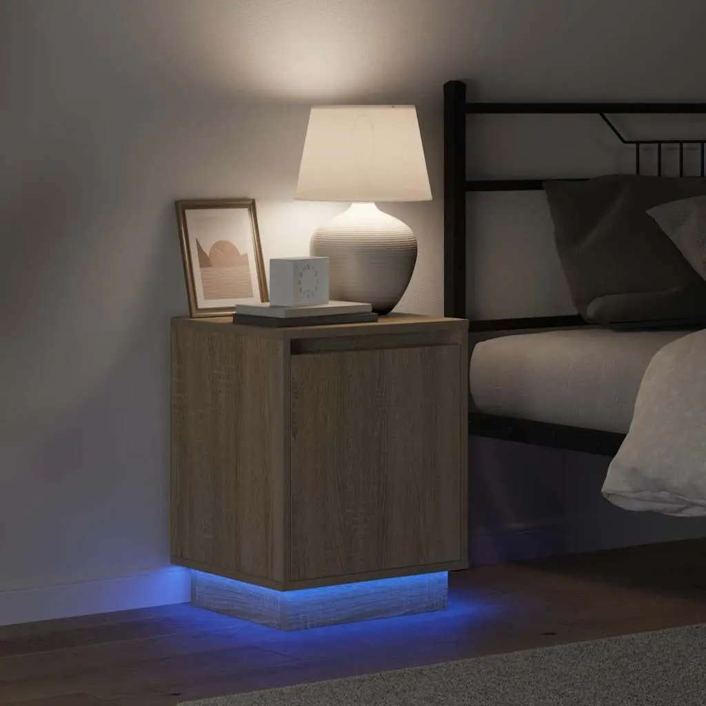 Bedside Cabinet Brown 2 Piece Modern Bedroom Storage Hinge Door USB LED Light