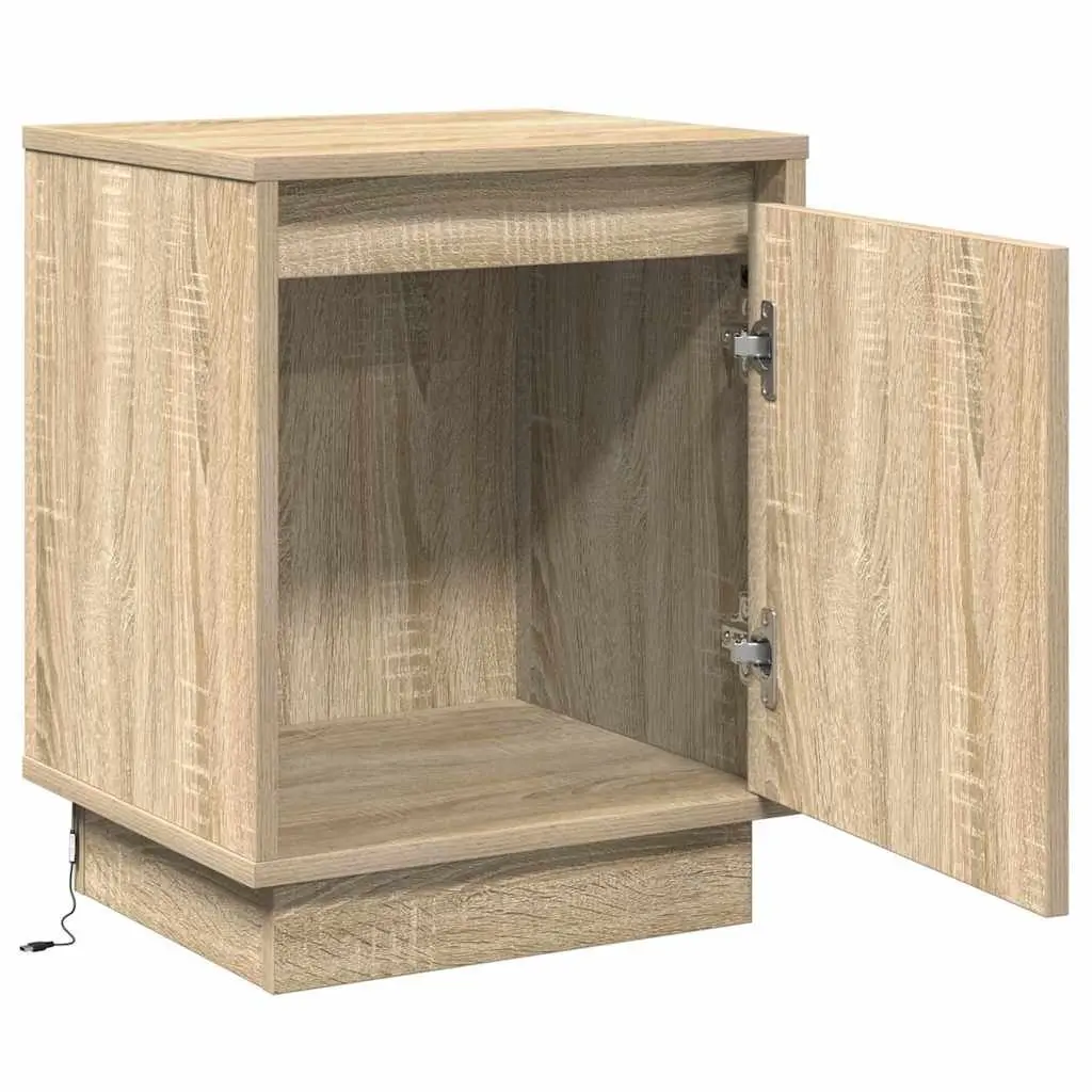 Bedside Cabinet Brown 2 Piece Modern Bedroom Storage Hinge Door USB LED Light