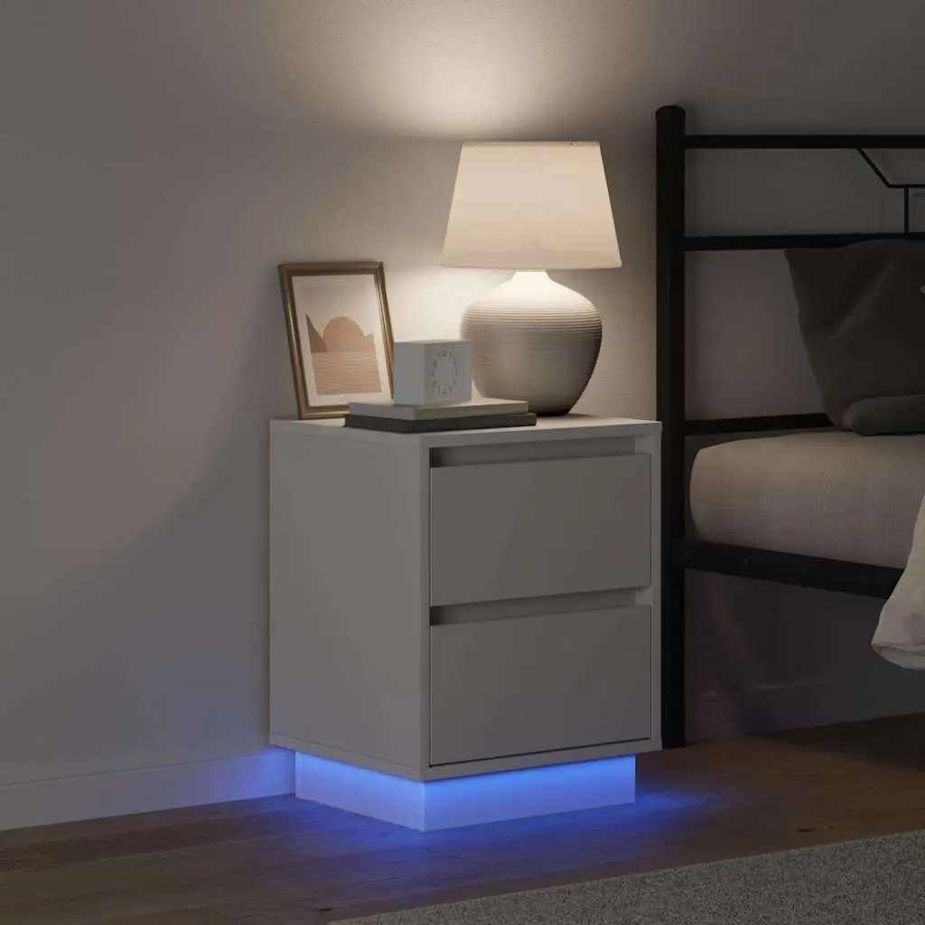 Bedside Cabinet 2 pcs White Bedside Table Nightstand with LED String Lights