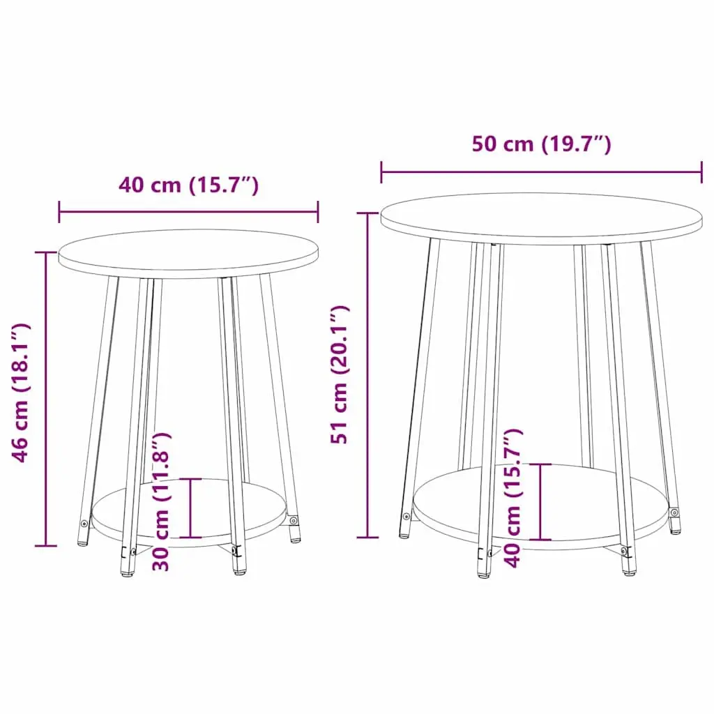 Side Table Set with Shelf 2 Pieces Black Modern Industrial Round Accent End