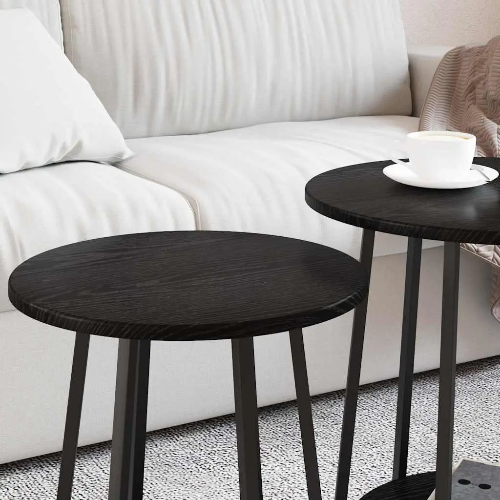 Side Table Set with Shelf 2 Pieces Black Modern Industrial Round Accent End