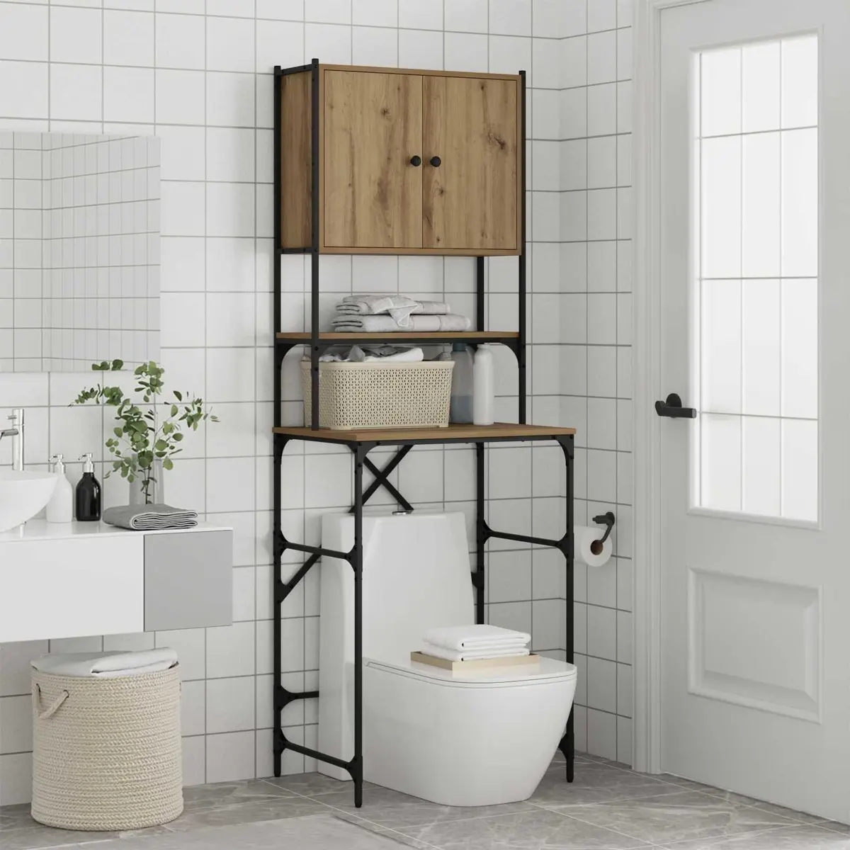 Washing Machine Cabinet Wooden Storage Laundry Room Organizer Brown